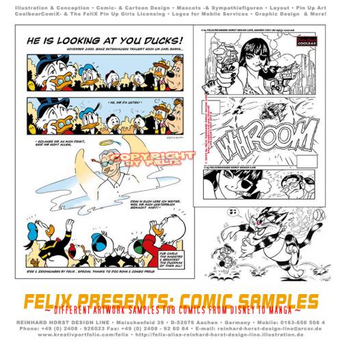 Cartoon: Comic Artwork Samples (medium) by FeliXfromAC tagged comic,comix,manga,artwork,duck,ente,cartoon,action,disney,alias,reinhard,horst,donald,