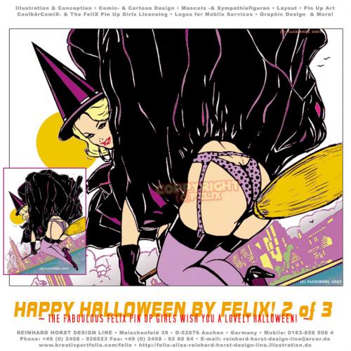 Cartoon: Happy Halloween 02 (medium) by FeliXfromAC tagged halloween,frau,woman,pin,up,girls,poster,tshirt,girl,sexy,hexe,witch,witchcraft,alias,reinhard,horst,pumpkin,retro,kürbis,