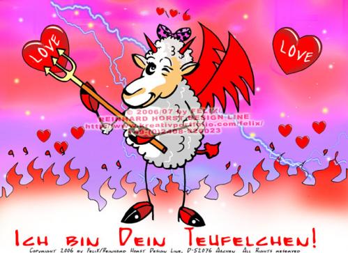 Cartoon: Sheep in Love (medium) by FeliXfromAC tagged felix,alias,reinhard,horst,aachen,stockart,sheeps,in,love,schaf,schafe,cartoon,handy,mobile,services,liebe,funny,tiere,animals,devil,teufel