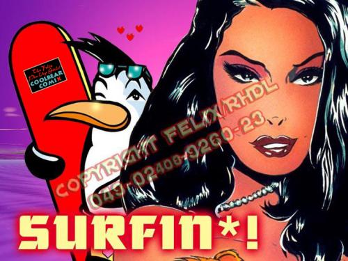 Cartoon: Surfing! (medium) by FeliXfromAC tagged erotic,poster,cover,up,pin,erotainment,comix,strand,action,tier,animal,retro,pinguin,surfen,girls,sexy,horst,reinhard,felix