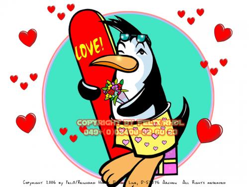 Cartoon: Sympathiefigur - Surf Pingoo (medium) by FeliXfromAC tagged nice,animals,tiere,tier,logos,sympathiefiguren,mascots,wallpapers,characters,characterdesign,figuren,hey,melde,dich,whimsical,felix,alias,design,line,red,love,herzen,beziehung,aachen,pinguin,penguine,greeting,card,surf,surfen