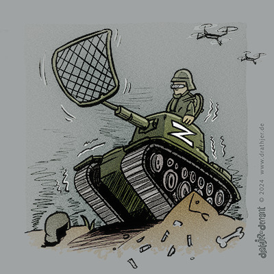 Cartoon: last resort (medium) by Jo Drathjer tagged krieg,dronen,panzer,war,russia,russland,ukraine,tank,fly,drone,weapons