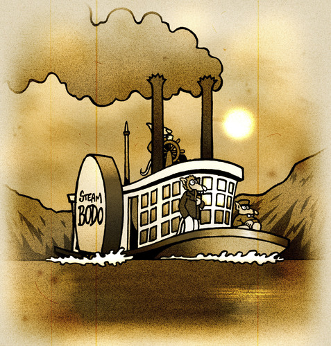 Cartoon: BODO Magazin - Steam Bodo (medium) by volkertoons tagged volkertoons,cartoon,illustration,bodo,stummfilm,silent,movie,schiff,ship,dampfschiff,steam,boat,mississippi,mississippidanpfer,raddampfer
