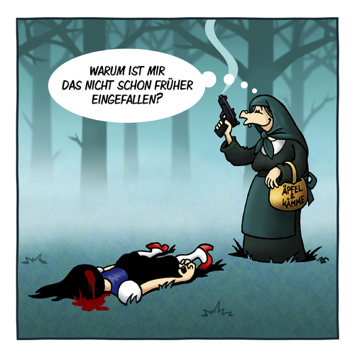 Cartoon: I killed Snowwhite (medium) by volkertoons tagged volkertoons,cartoon,märchen,fairy,tales,schneewittchen,snowwhite,böse,stiefmutter,evil,stepmother,tot,tod,dead,death,pistole,revolver,gun,kill,killer,mord,mörder,lustig,schwarzer,humor,märchen,schneewittchen,stiefmutter,tot,tod,pistole,mörder,mord,rotkäppchen