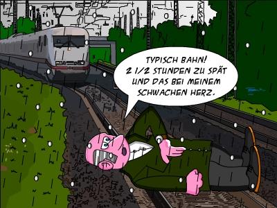 Cartoon: Die Bahn kommt (medium) by Tricomix tagged bahn,bundesbahn,selbstmord,zugverspätung,gleise,ice