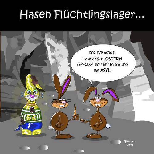 Cartoon: Hasen Flüchtlingslager (medium) by Tricomix tagged verfolgter,unterkunft,verletzt,hilfe,asyl,flüchtling,schokohase,ostern