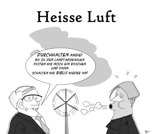 Cartoon: Heisse Luft (medium) by Tricomix tagged heisse,luft,atomausstieg,merkel,bruederle,windkraft,erneuerbare,energien,strom,kernenergie,akw,steckdose,blasen