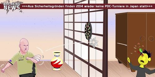 Cartoon: Keine Dart WM in Japan (medium) by Tricomix tagged dart,pdc,wm,sport1,sport,scheibe,pfeile,michael,van,gerwen,phil,taylor,ally,pally,japan,tribble,bull