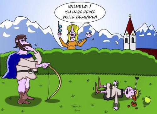 Cartoon: Zu Spät (medium) by Tricomix tagged pfeil,bogen,brille,schweiz,altdorf,tell,wilhelm
