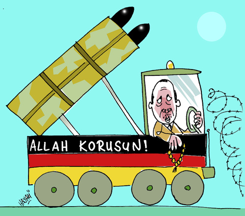 Cartoon: Patriot (medium) by Hayati tagged patriot,raketen,merkel,erdogan,syrien,suriye,turkei,nato,hayati,boyacioglu,patriot,raketen,merkel,erdogan,syrien,suriye,turkei,nato,hayati,boyacioglu