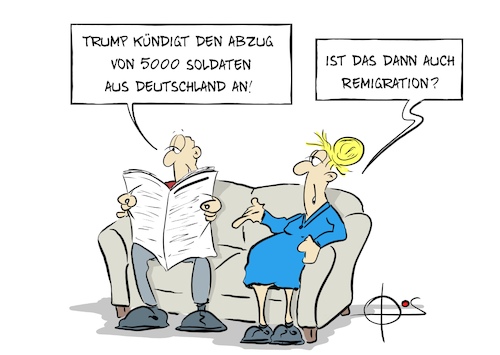 Cartoon: 2026-Remigration (medium) by Marcus Gottfried tagged remigration,usa,deutschland,truppen,abzug,verteidigung,militär,trump,remigration,usa,deutschland,truppen,abzug,verteidigung,militär,trump