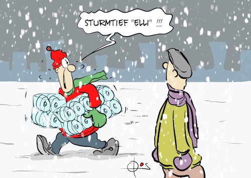 Cartoon: 20260108-SturmtiefElli (medium) by Marcus Gottfried tagged wetter,sturmtief,elli,toilettenpapier,corona,schnee,winter,wetter,sturmtief,elli,toilettenpapier,corona,schnee,winter