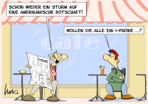 Cartoon: Ansturm (medium) by Marcus Gottfried tagged amerika,botschaft,angriff,sturm,consulat,botschafter,iphone,run,hype