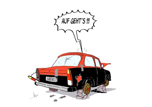 Cartoon: Auf gehts (medium) by Marcus Gottfried tagged einigung,kosten,berlin,regierung,wrack,schrott,fahrbereit,auto,karikatur,cartoon,gottfried,marcus,partei,koalitionsverhandlung,koalition,csu,cdu,spd