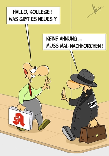 Cartoon: BND-Apotheke (medium) by Marcus Gottfried tagged lidl,geschäft,lebensmittel,apotheke,spion,nachhorchen,abhören,kontrollieren,kontrolle,nachrichtendienst,nachrichten,bnd,regierung,neues