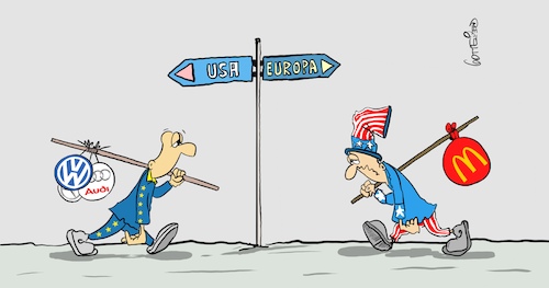Cartoon: Heimkehr (medium) by Marcus Gottfried tagged trump,wirtschaft,strafzoll,autoindustrie,amerika,usa,mcdonald,trump,wirtschaft,strafzoll,autoindustrie,amerika,usa,mcdonald