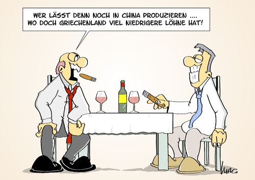 Cartoon: Niedriglohn (medium) by Marcus Gottfried tagged europa,griechenland,schulden,austritt,eu,drachmen,euro,geld,währung,schuldenschnitt,restaurant,niedriglohn,sektor,gewinn,pleite,china,arbeitskräfte,sklaven,dumping