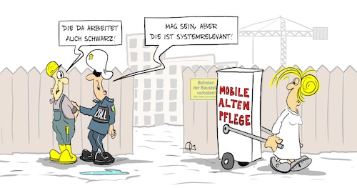 Cartoon: Schwarzarbeit (medium) by Marcus Gottfried tagged schwarzarbeit,fks,finanzkontrolle,zoll,kontrolle,baustelle,altenpflege,putzfrau,angestellte,versichert,schwarzarbeit,fks,finanzkontrolle,zoll,kontrolle,baustelle,altenpflege,putzfrau,angestellte,versichert