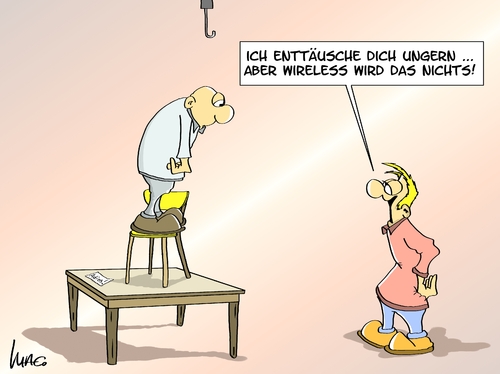 Cartoon: Wireless (medium) by Marcus Gottfried tagged wireless,kabellos,suizid,aufhängen,tod,selbstmord,enttäuschung,werkzeug,tisch,stuhl,haken,depression
