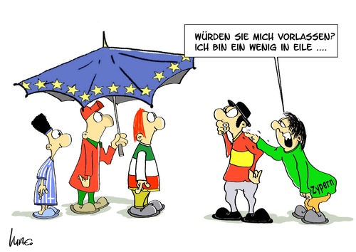 Cartoon: Zypern (medium) by Marcus Gottfried tagged europa,finanzkrise,bankenkrise,schulden,geld,eu,griechenland,portugal,italien,irland,spanien,zypern,vortritt,zaudern,warten,rettungsschirm,zögern,stolz
