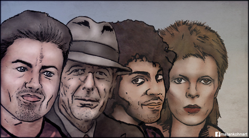 Cartoon: 2016 The year the music died (medium) by matan_kohn tagged 2016,bowie,cohen,david,dead,george,leonard,leonardcohen,michael,music,prince,year,davidbowie,georgemichael,matan,kohn,the