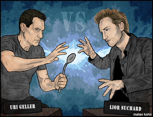 Cartoon: Battle of the Mentalists (medium) by matan_kohn tagged uri,geller,lior,suchard,mentalism,mind,battle,spoon,bending,psychic,duel,stage,magic,telekinesis,showdown,comic,style,caricature,art,lightning,effects,vs,poster,dramatic,illustration,powers,power,showmanship,pop,culture,fantasy,energetic,composition,artwork,celebrity,hand,gestures,face,off,show,dynamic,lighting,illustrated,competition,matan,kohn