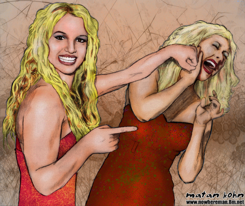 Cartoon: Britney Spears vs. Christina Agu (medium) by matan_kohn tagged britney,spears,christina,aguilera,matan,kohn,fight,funny,caricature,bitch,brown,drawing,music,song,punch,face