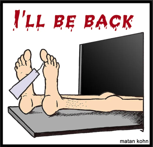 Cartoon: Ill be back (medium) by matan_kohn tagged legs,death,dead,body,paradise,hell,funny,humor,matankohn,cemetery,life,after,meme