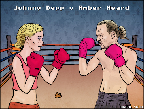 Cartoon: Johnny Depp v Amber Heard (medium) by matan_kohn tagged johnnydepp,johnny,depp,amberheard,amber,heard,fight,funny,illustration,caricature,boxing,drawing,meme,gag,movie,trail,court,humor,popup,pop,colcher,fanart,teenidol,news,hate,sad,film,money,teamjohnny