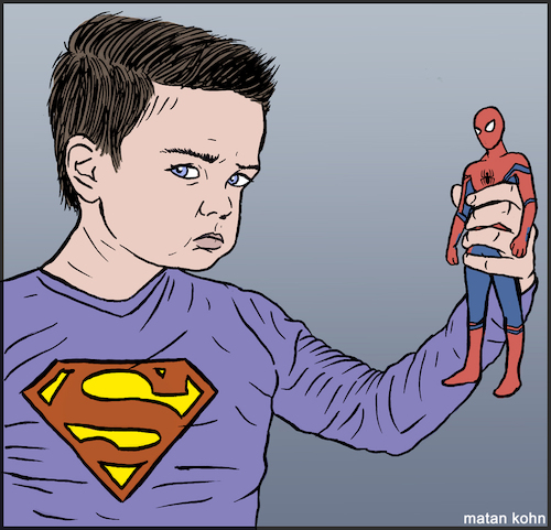 Cartoon: Super kid (medium) by matan_kohn tagged superman,spaiderman,doll,kid,superhero,superheroes,marvelcomics,dccomics,funny,illustration,drowings,inktober2021,art,children,fineart,digitalart,comics,avengers,movie,pop,popart,sad