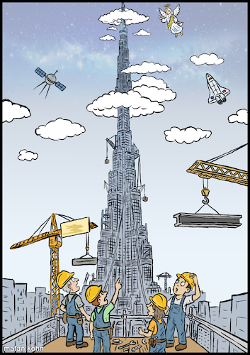 Cartoon: Tower of Babel (medium) by matan_kohn tagged tower,of,babel,construction,workers,renovations,engineer,tall,building