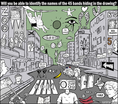 Cartoon: Will you be able to identify? (medium) by matan_kohn tagged music,illustration,toon,quiz,band,bands,drawing,thebeatles,greenday,thedoors,ledzepplin,europe,radiohead,zztop,acdc,rollingstones,pinkfloyd,u2,sonic,nirvana,queen,onedirection,blink182,funny,rock,pop,art,kiss