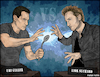 Cartoon: Battle of the Mentalists (small) by matan_kohn tagged uri,geller,lior,suchard,mentalism,mind,battle,spoon,bending,psychic,duel,stage,magic,telekinesis,showdown,comic,style,caricature,art,lightning,effects,vs,poster,dramatic,illustration,powers,power,showmanship,pop,culture,fantasy,energetic,composition,artwork,celebrity,hand,gestures,face,off,show,dynamic,lighting,illustrated,competition,matan,kohn