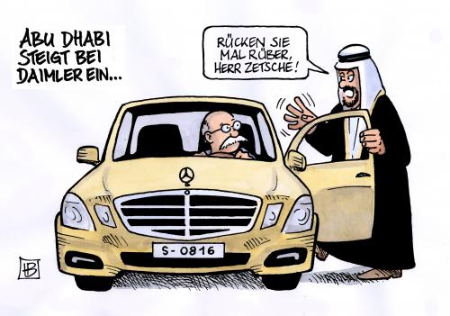 Cartoon: Abu Dhabi steigt bei Daimler ein (medium) by Harm Bengen tagged abu,dhabi,daimler,großaktionär,aktien,auto,automobilindustrie,mercedes,benz,scheich,investition,cartoon,cartoons,abu dhabi,daimler,großaktionär,aktien,aktie,automobilindustrie,mercedes,benz,scheich,investition,öl,auto,autos,autoindustrie,verkehr,abu,dhabi