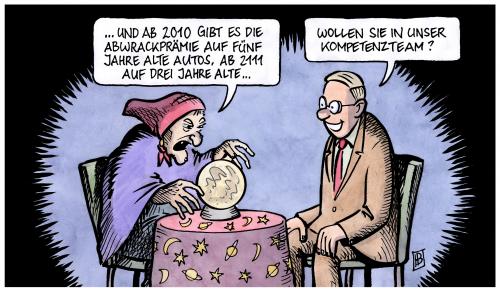 Cartoon: Abwrackprämie 2010 (medium) by Harm Bengen tagged automobilindustrie,abwrackprämie,verlängerung,aufstockung,konjunktur,konjunkturpaket,bundesregierung,koalition,merkel,steinbrück,krise,finanzkrise,wirtschaft,finanzen,konsum,cartoon,cartoons,automobilindustrie,autoindustrie,industrie,auto,autos,abwrackprämie,verlängerung,aufstockung,konjunkturpaket,konjunktur,bundesregierung,regierung,wirtschaft,wirtschaftskrise,finanzen,geld,finanzkrise,2010,politik,wahrsagerin