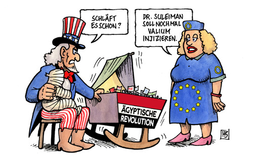 Cartoon: Ägyptische Revolution (medium) by Harm Bengen tagged ägyptisch,ägypten,revolution,verschaukelt,usa,europa,uncle,sam,wiege,schaukeln,betrug,mubarak,suleiman,übergangsregierung,entmachtung,krise,protest,widerstand,ägypten,revolution,verschaukelt,usa,europa,mubarak,suleiman,übergangsregierung,entmachtung,widerstand