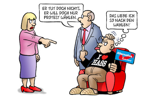 Cartoon: AfD-Protestwähler (medium) by Harm Bengen tagged protestwähler,afd,wählen,landtagswahlen,sachsen,brandenburg,rechtsradikal,rechtsextrem,hass,verhätscheln,harm,bengen,cartoon,karikatur,protestwähler,afd,wählen,landtagswahlen,sachsen,brandenburg,rechtsradikal,rechtsextrem,hass,verhätscheln,harm,bengen,cartoon,karikatur