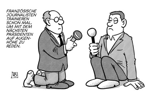 Cartoon: Augenhöhe mit Sarkozy (medium) by Harm Bengen tagged augenhöhe,sarkozy,frankreich,wahl,journalisten,interview,trainieren,praesident,reden,harm,bengen,cartoon,karikatur