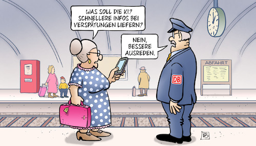 Cartoon: Bahn-KI (medium) by Harm Bengen tagged bahnhof,bahnsteig,ki,infos,verspätungen,ausreden,susemil,harm,bengen,cartoon,karikatur,bahnhof,bahnsteig,ki,infos,verspätungen,ausreden,susemil,harm,bengen,cartoon,karikatur