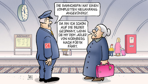 Cartoon: Bahnneuanfang (medium) by Harm Bengen tagged bahnchefin,kompletten,neuanfang,adler,nürnberg,fürth,bahnhof,bahnsteig,susemil,harm,bengen,cartoon,karikatur,bahnchefin,kompletten,neuanfang,adler,nürnberg,fürth,bahnhof,bahnsteig,susemil,harm,bengen,cartoon,karikatur