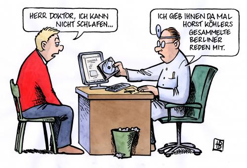 Cartoon: Berliner Rede (medium) by Harm Bengen tagged berliner,rede,bundespräsident,horst,köhler,krise,gesine,schwan,cdu,arzt,doktor,schlaflosigkeit,schlaf,einschlafen,cartoon,cartoons,doktor,praxis,patient,patienten,arzt,ärzte,horst köhler,politiker,politik,bundespräsident,rede,horst,krise,gesine schwan,cdu,partei,parteien,schlaflosigkeit,schlaf,einschlafen,beschwerden,gesundheit,hörbuch,cd,musik,schlafen,langweilig,berliner rede,köhler,gesine,schwan,berliner