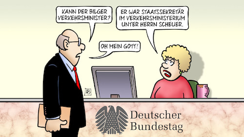 Cartoon: Bilger unter Scheuer (medium) by Harm Bengen tagged steffen,bilger,verkehrsminister,staatssekretär,verkehrsministerium,scheuer,entsetzen,bundestag,harm,bengen,cartoon,karikatur,steffen,bilger,verkehrsminister,staatssekretär,verkehrsministerium,scheuer,entsetzen,bundestag,harm,bengen,cartoon,karikatur
