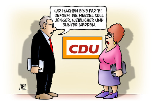 Cartoon: CDU-Parteireform (medium) by Harm Bengen tagged cdu,parteireform,tauber,juenger,weiblicher,bunter,mitgliederschwund,harm,bengen,cartoon,karikatur,cdu,parteireform,tauber,juenger,weiblicher,bunter,mitgliederschwund,harm,bengen,cartoon,karikatur