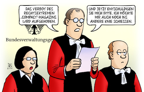 Cartoon: Compact-Verbot aufgehoben (medium) by Harm Bengen tagged verbot,rechtsextrem,compact,magazin,aufgehoben,knie,schießen,bundesverwaltungsgericht,harm,bengen,cartoon,karikatur,verbot,rechtsextrem,compact,magazin,aufgehoben,knie,schießen,bundesverwaltungsgericht,harm,bengen,cartoon,karikatur