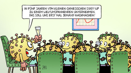 Cartoon: Corona-Erfolg (medium) by Harm Bengen tagged corona,erfolg,viren,feiern,sekt,chinesisches,startup,weltumspannendes,unternehmen,harm,bengen,cartoon,karikatur,corona,erfolg,viren,feiern,sekt,chinesisches,startup,weltumspannendes,unternehmen,harm,bengen,cartoon,karikatur