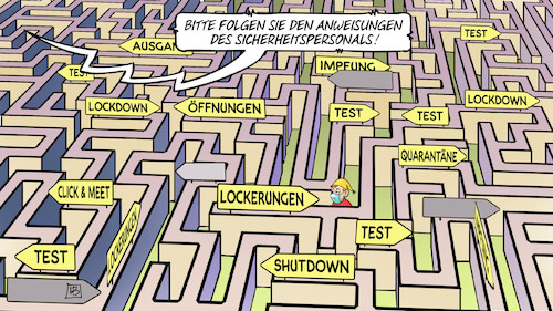 Cartoon: Covid-Labyrinth (medium) by Harm Bengen tagged lockerungen,öffnungen,test,impfung,ausgang,lockdown,shutdown,quarantäne,click,meet,michel,corona,labyrinth,covid,harm,bengen,cartoon,karikatur,lockerungen,öffnungen,test,impfung,ausgang,lockdown,shutdown,quarantäne,click,meet,michel,corona,labyrinth,covid,harm,bengen,cartoon,karikatur