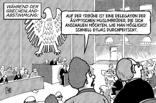 Cartoon: Durchpeitschen (medium) by Harm Bengen tagged tribüne,delegation,ägyptische,ägypten,muslimbrüder,durchpeitschen,griechenlandabstimmung,bundestag,bundesregierung,griechenland,rettungspaket,schulden,kredite,hilfspakete,abgeordnete,parlament,reichstag,plenarsaal,harm,bengen,cartoon,karikatur