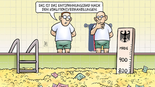 Cartoon: Entspannungsbad (medium) by Harm Bengen tagged entspannungsbad,koalitionsverhandlungen,schwimmbad,geld,schuldenpaket,sondervermögen,bundestag,schuldenbremse,harm,bengen,cartoon,karikatur,entspannungsbad,koalitionsverhandlungen,schwimmbad,geld,schuldenpaket,sondervermögen,bundestag,schuldenbremse,harm,bengen,cartoon,karikatur