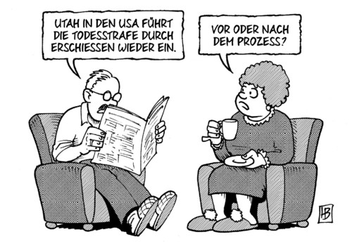 Cartoon: Erschiessen (medium) by Harm Bengen tagged utah,usa,todesstrafe,erschiessen,prozess,gericht,justiz,rassismus,zeitung,harm,bengen,cartoon,karikatur