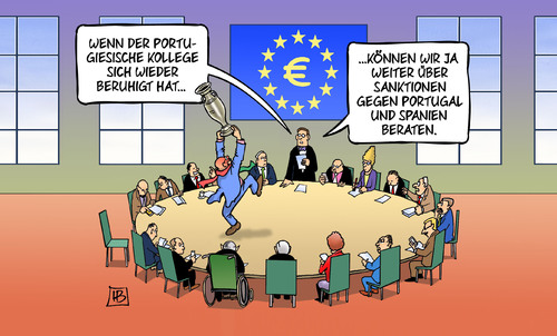 Cartoon: Euro-Gruppe zu Portugal (medium) by Harm Bengen tagged euro,gruppe,portugal,europa,eu,kollege,beruhigen,sanktionen,spanien,defizit,harm,bengen,cartoon,karikatur,euro,gruppe,portugal,europa,eu,kollege,beruhigen,sanktionen,spanien,defizit,harm,bengen,cartoon,karikatur
